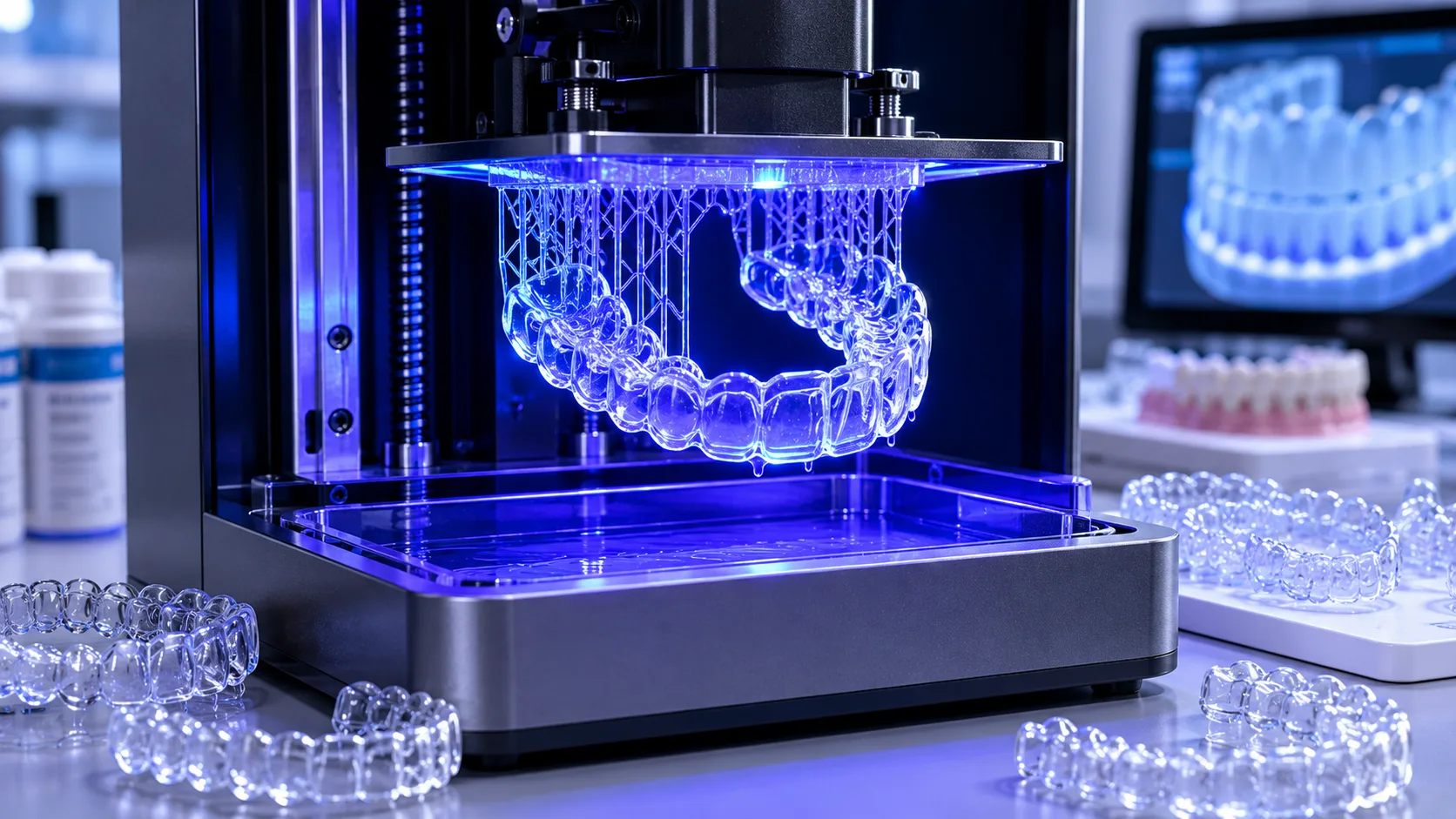 Impressora 3D fabricando alinhadores ortodônticos transparentes