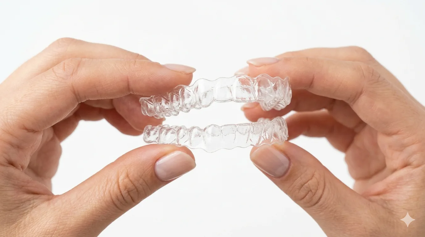 Alinhadores transparentes Invisalign sobre fundo branco clínico